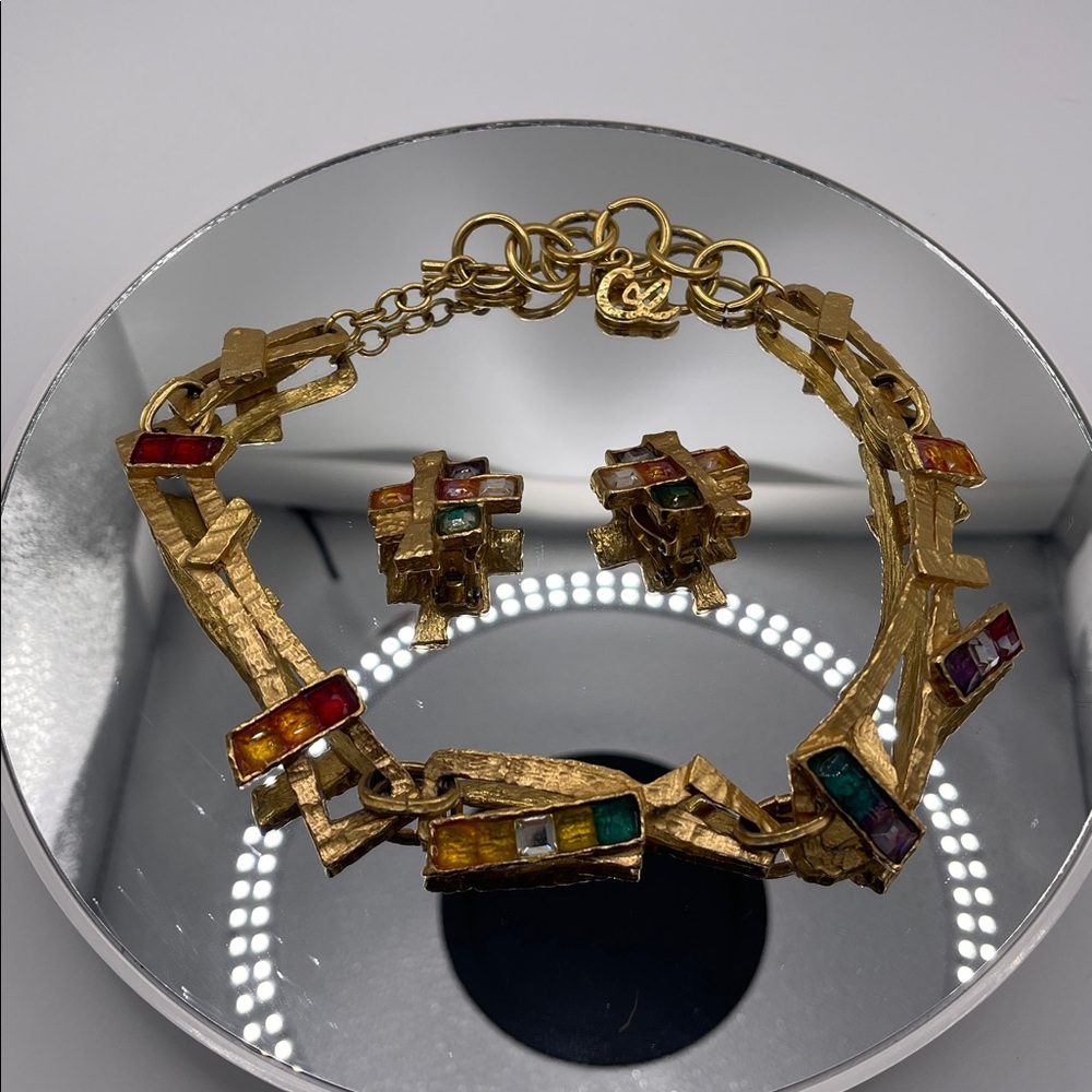 Vintage Christian Lacroix Colorful Gold-Tone Necklace and Clip-On Earrings Set - Picture 2 of 12